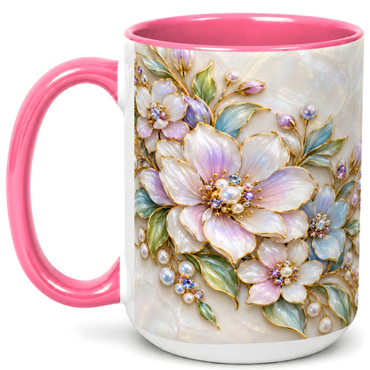 #pl[15oz|Pink] Pastel Floral Coffee Mug, Pearl Blossom Mug, Ceramic Cup