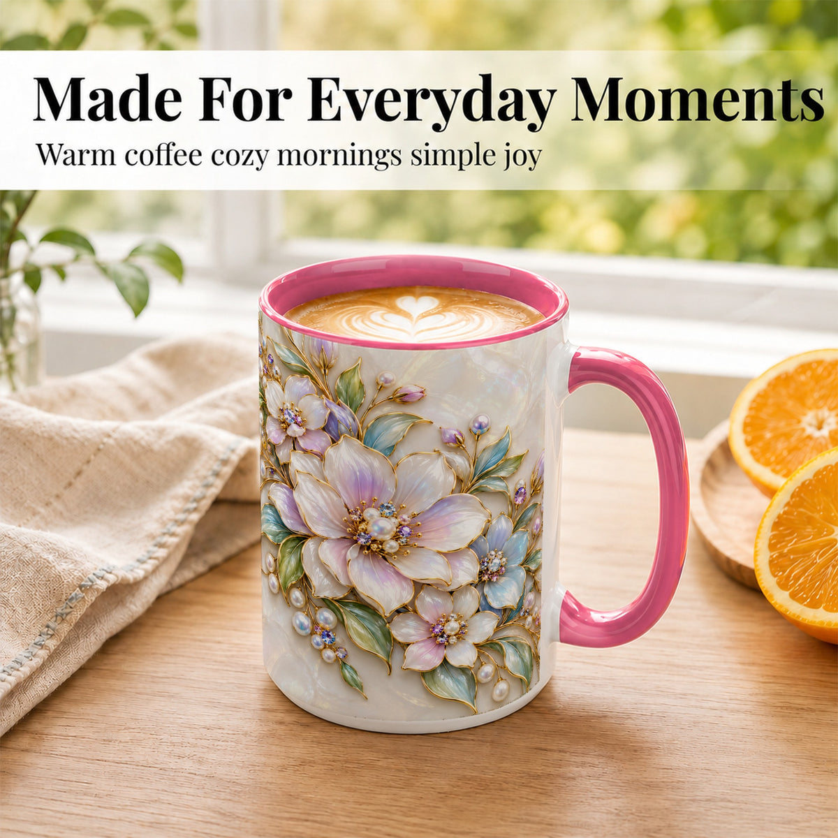 #pl[15oz|Pink] Pastel Floral Coffee Mug, Pearl Blossom Mug, Ceramic Cup