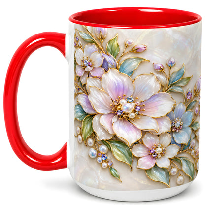 #pl[15oz|Red] Pastel Floral Coffee Mug, Pearl Blossom Mug, Ceramic Cup