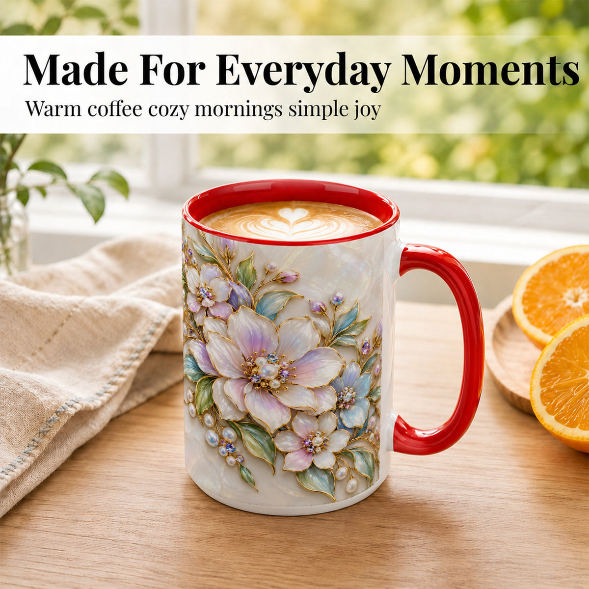 #pl[15oz|Red] Pastel Floral Coffee Mug, Pearl Blossom Mug, Ceramic Cup