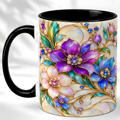 #pl[11oz|Black] Gem Floral Coffee Mug, Colorful Blossom Mug, Ceramic Cup