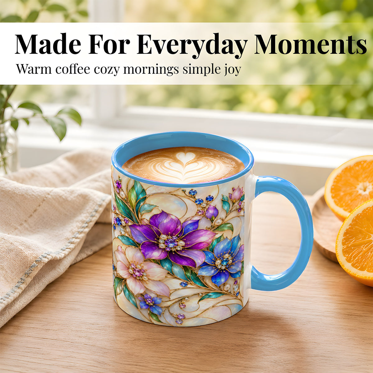 #pl[11oz|Blue] Gem Floral Coffee Mug, Colorful Blossom Mug, Ceramic Cup