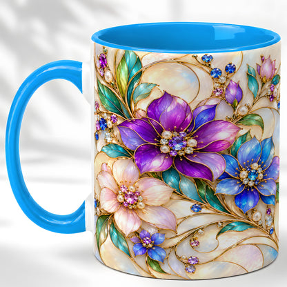 #pl[11oz|Blue] Gem Floral Coffee Mug, Colorful Blossom Mug, Ceramic Cup