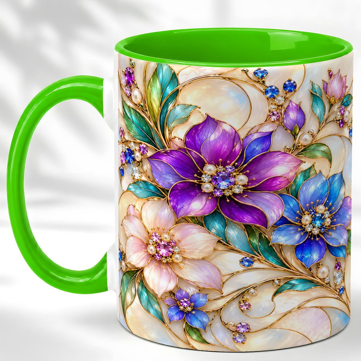 #pl[11oz|Green] Gem Floral Coffee Mug, Colorful Blossom Mug, Ceramic Cup
