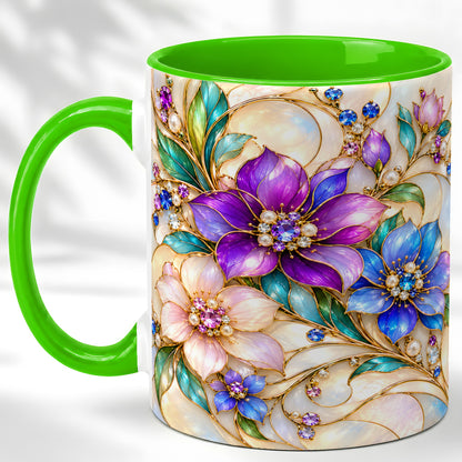#pl[11oz|Green] Gem Floral Coffee Mug, Colorful Blossom Mug, Ceramic Cup