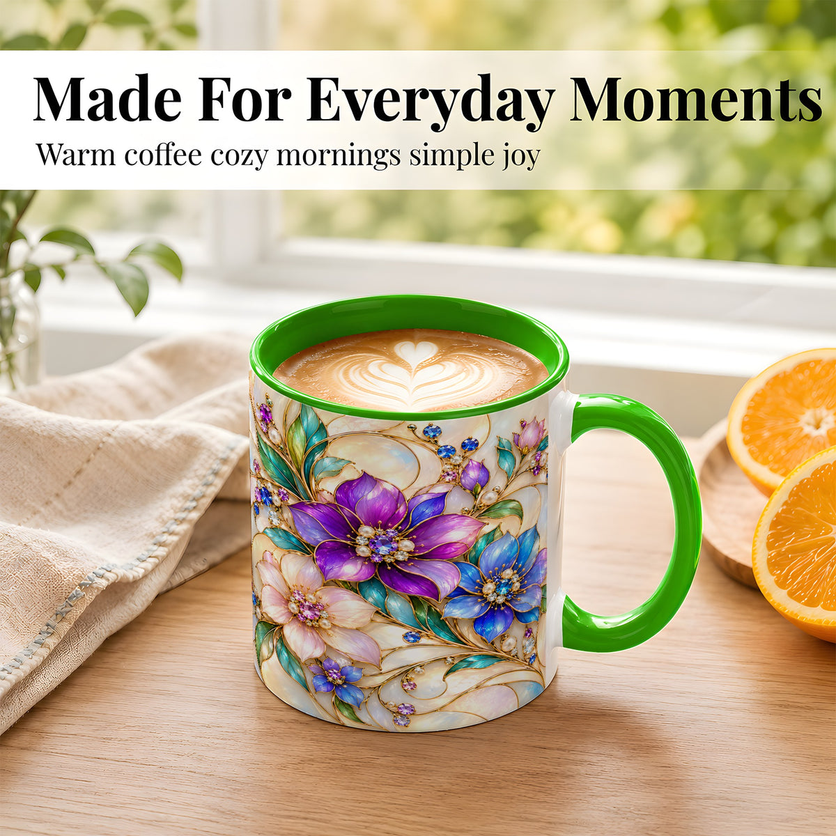 #pl[11oz|Green] Gem Floral Coffee Mug, Colorful Blossom Mug, Ceramic Cup