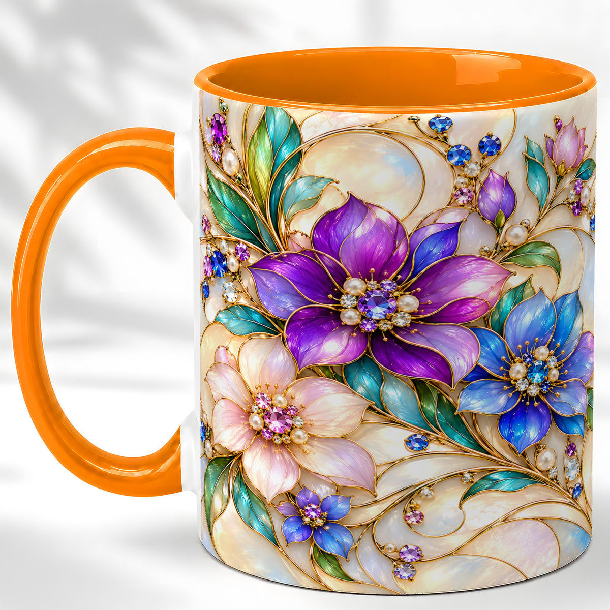 #pl[11oz|Orange] Gem Floral Coffee Mug, Colorful Blossom Mug, Ceramic Cup