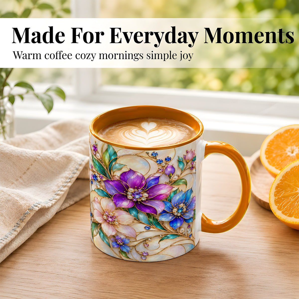 #pl[11oz|Orange] Gem Floral Coffee Mug, Colorful Blossom Mug, Ceramic Cup