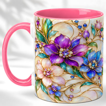 #pl[11oz|Pink] Gem Floral Coffee Mug, Colorful Blossom Mug, Ceramic Cup