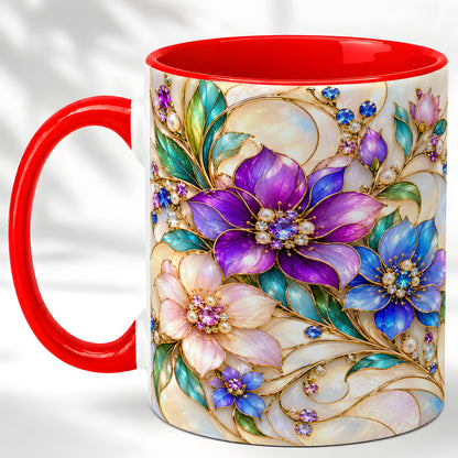 Gem Floral Coffee Mug, Colorful Blossom Mug, Ceramic Cup