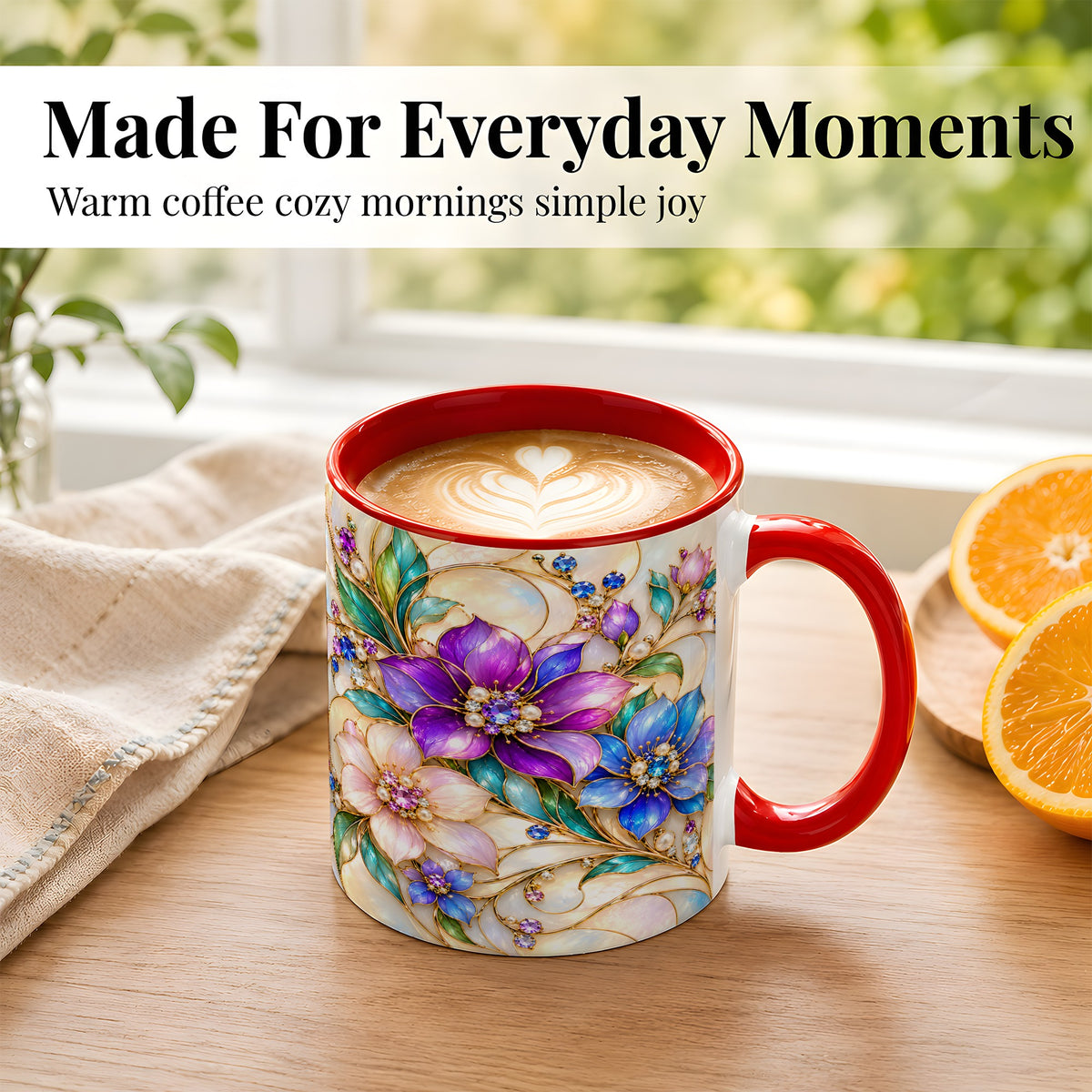 #pl[11oz|Red] Gem Floral Coffee Mug, Colorful Blossom Mug, Ceramic Cup