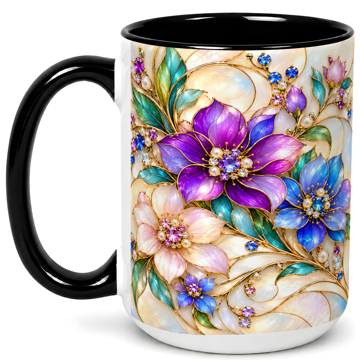 #pl[15oz|Black] Gem Floral Coffee Mug, Colorful Blossom Mug, Ceramic Cup
