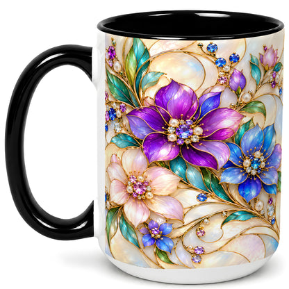 #pl[15oz|Black] Gem Floral Coffee Mug, Colorful Blossom Mug, Ceramic Cup