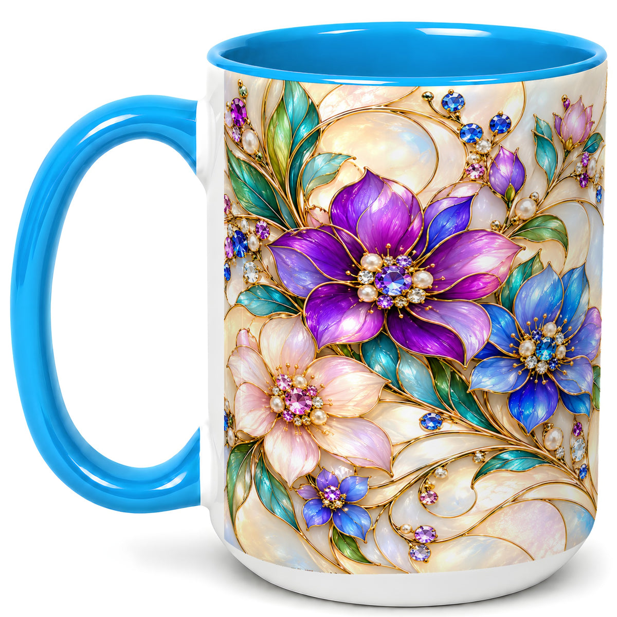#pl[15oz|Blue] Gem Floral Coffee Mug, Colorful Blossom Mug, Ceramic Cup
