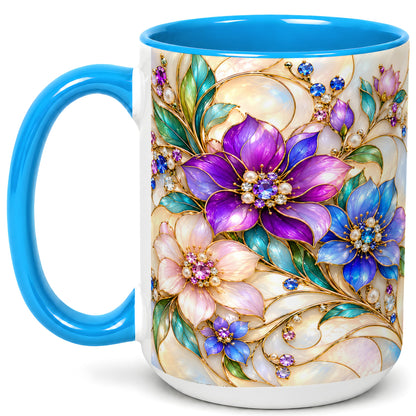 #pl[15oz|Blue] Gem Floral Coffee Mug, Colorful Blossom Mug, Ceramic Cup