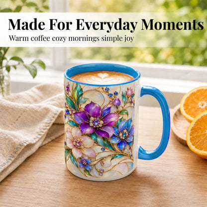 #pl[15oz|Blue] Gem Floral Coffee Mug, Colorful Blossom Mug, Ceramic Cup
