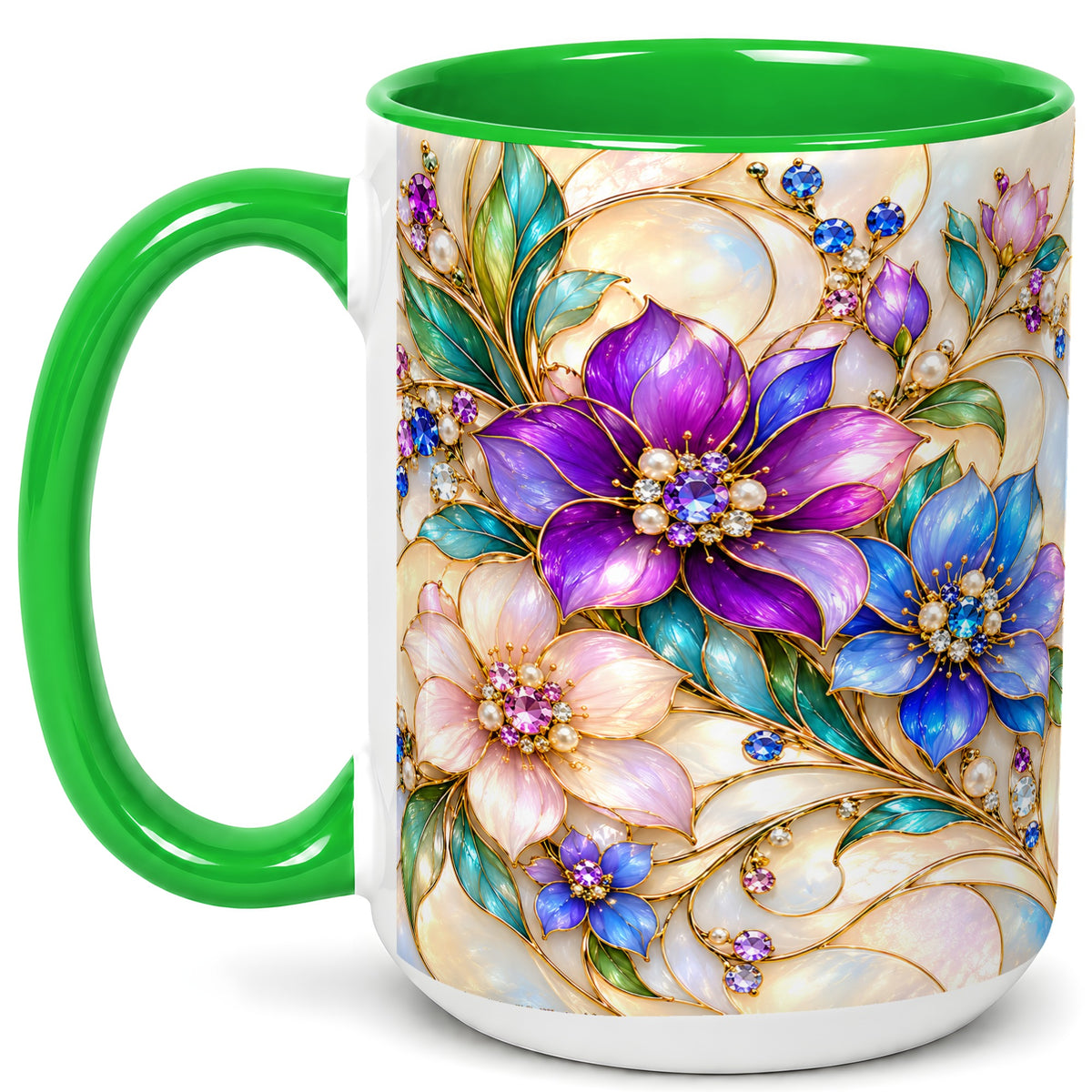 #pl[15oz|Green] Gem Floral Coffee Mug, Colorful Blossom Mug, Ceramic Cup