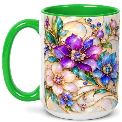 #pl[15oz|Green] Gem Floral Coffee Mug, Colorful Blossom Mug, Ceramic Cup