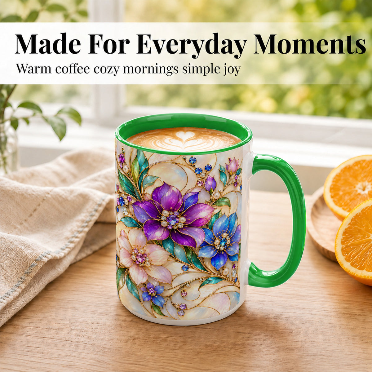 #pl[15oz|Green] Gem Floral Coffee Mug, Colorful Blossom Mug, Ceramic Cup