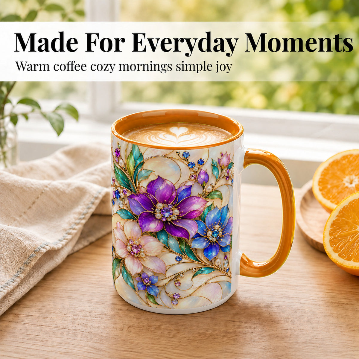 #pl[15oz|Orange] Gem Floral Coffee Mug, Colorful Blossom Mug, Ceramic Cup