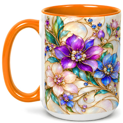 #pl[15oz|Orange] Gem Floral Coffee Mug, Colorful Blossom Mug, Ceramic Cup