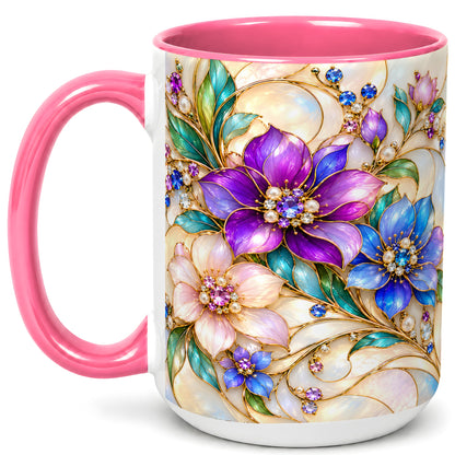 #pl[15oz|Pink] Gem Floral Coffee Mug, Colorful Blossom Mug, Ceramic Cup