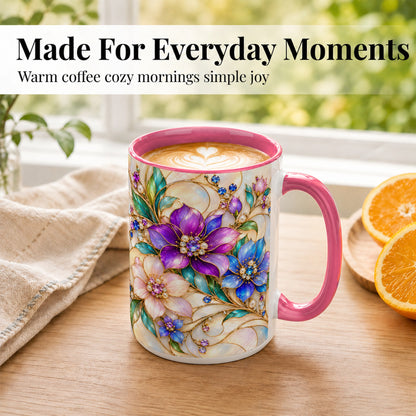 #pl[15oz|Pink] Gem Floral Coffee Mug, Colorful Blossom Mug, Ceramic Cup