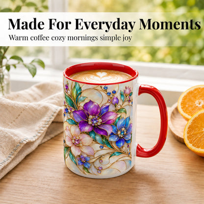 #pl[15oz|Red] Gem Floral Coffee Mug, Colorful Blossom Mug, Ceramic Cup