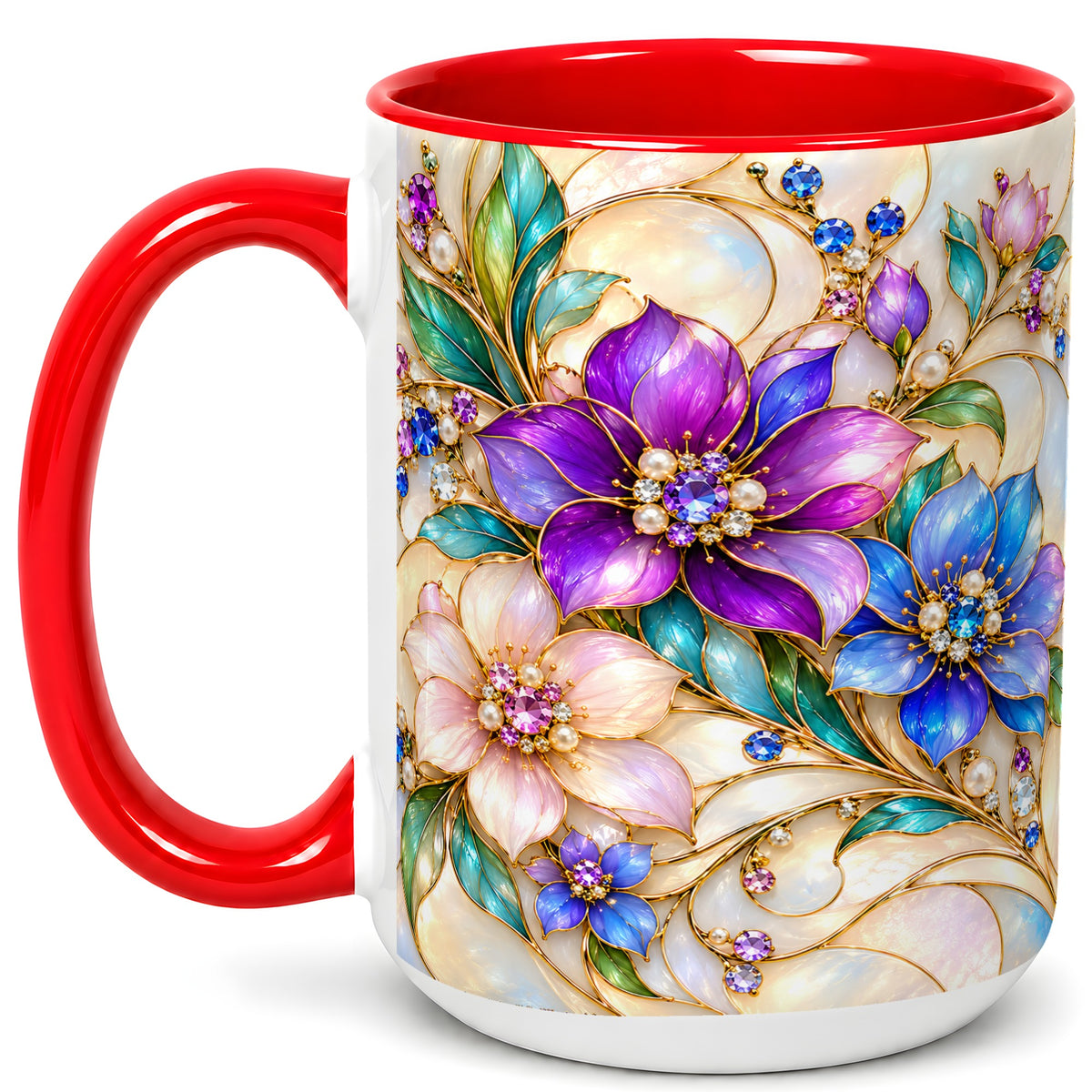 #pl[15oz|Red] Gem Floral Coffee Mug, Colorful Blossom Mug, Ceramic Cup