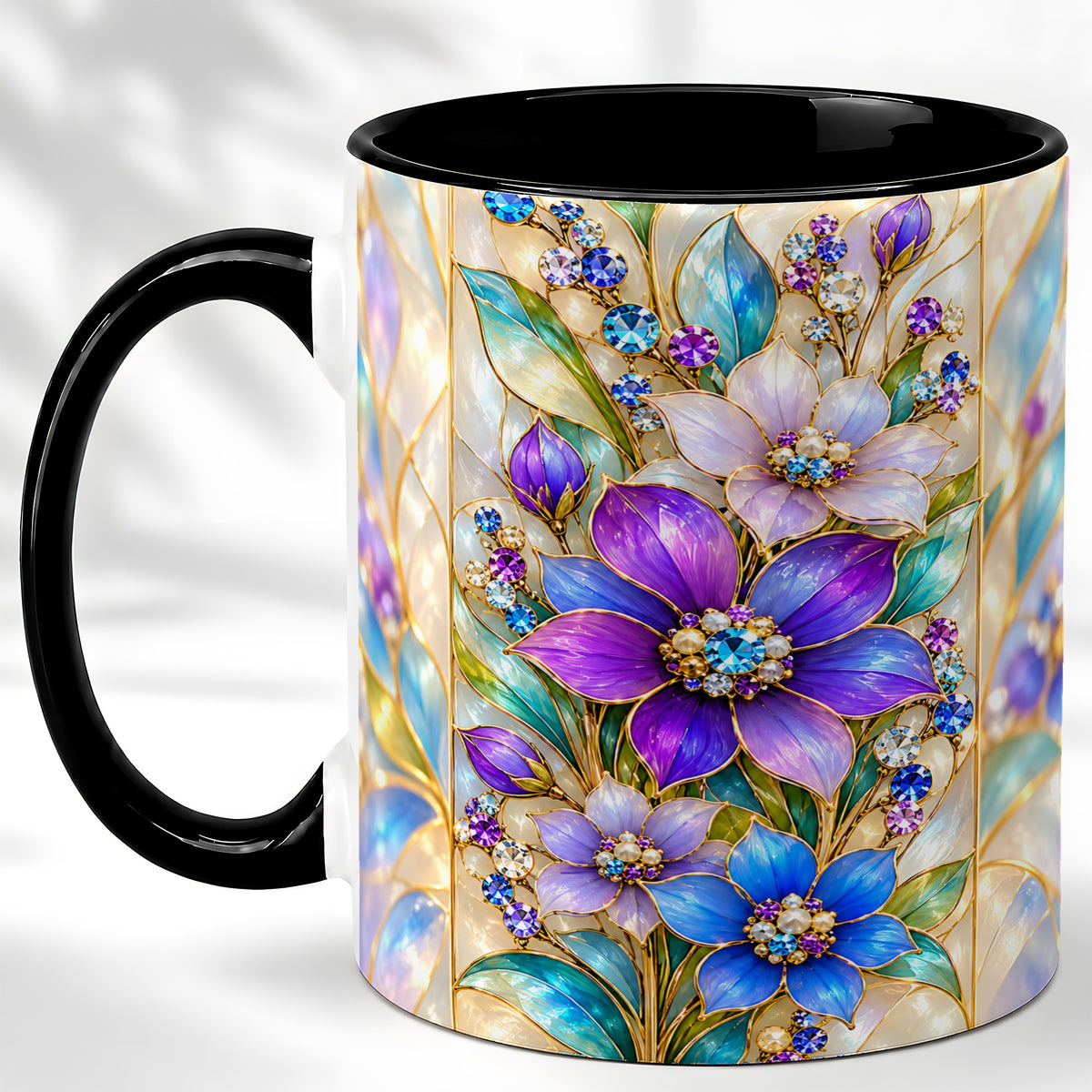 #pl[11oz|Black] Purple Floral Coffee Mug, Jeweled Blossom Mug, Ceramic Cup