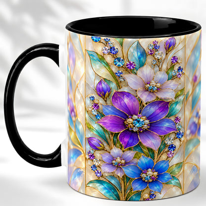 #pl[11oz|Black] Purple Floral Coffee Mug, Jeweled Blossom Mug, Ceramic Cup