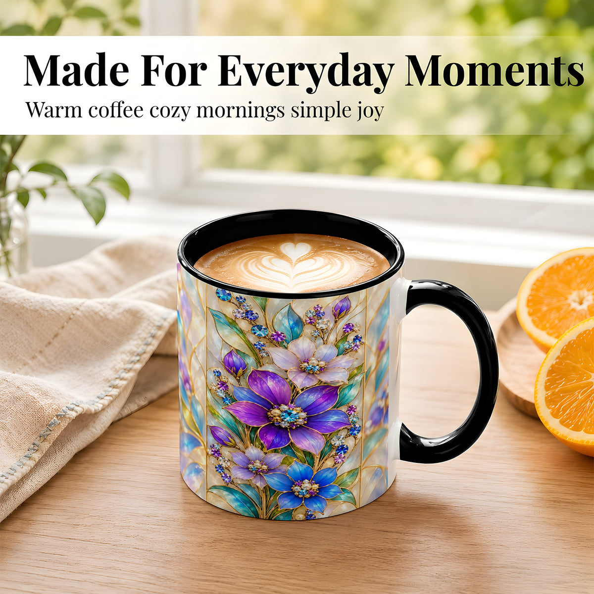 #pl[11oz|Black] Purple Floral Coffee Mug, Jeweled Blossom Mug, Ceramic Cup
