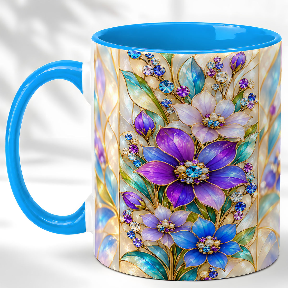 #pl[11oz|Blue] Purple Floral Coffee Mug, Jeweled Blossom Mug, Ceramic Cup