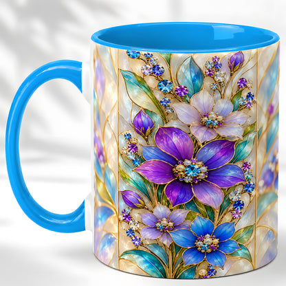 #pl[11oz|Blue] Purple Floral Coffee Mug, Jeweled Blossom Mug, Ceramic Cup