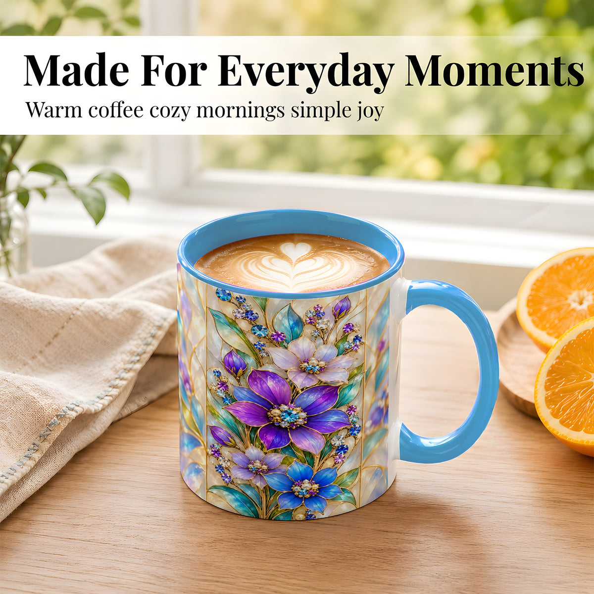 #pl[11oz|Blue] Purple Floral Coffee Mug, Jeweled Blossom Mug, Ceramic Cup