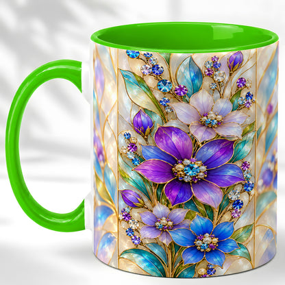 #pl[11oz|Green] Purple Floral Coffee Mug, Jeweled Blossom Mug, Ceramic Cup