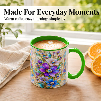 #pl[11oz|Green] Purple Floral Coffee Mug, Jeweled Blossom Mug, Ceramic Cup