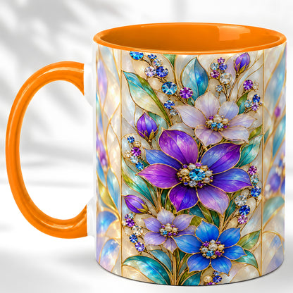 #pl[11oz|Orange] Purple Floral Coffee Mug, Jeweled Blossom Mug, Ceramic Cup