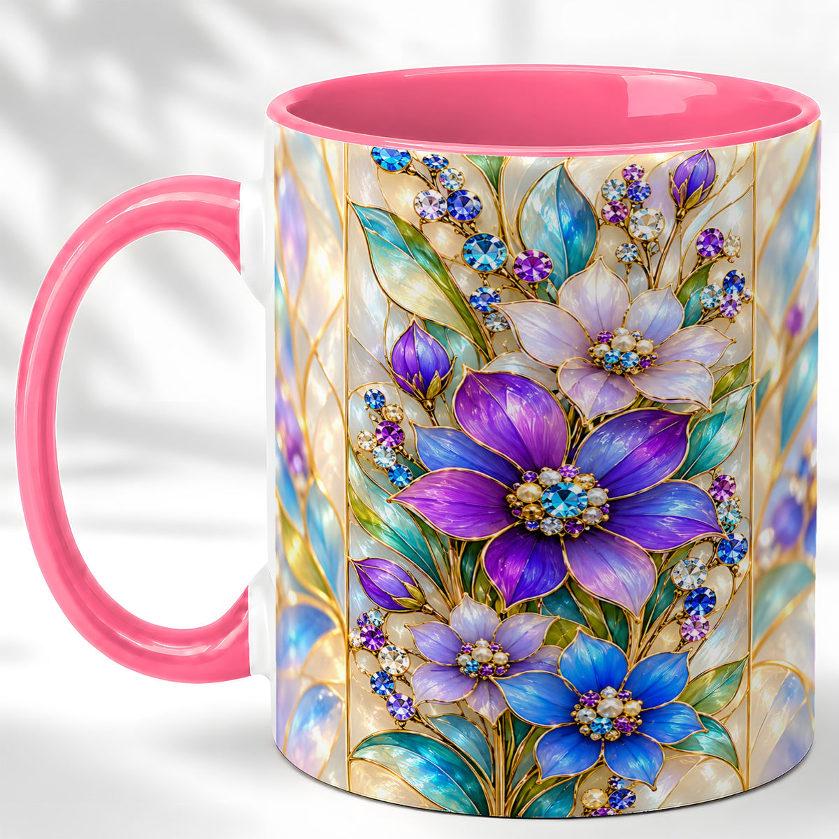 #pl[11oz|Pink] Purple Floral Coffee Mug, Jeweled Blossom Mug, Ceramic Cup