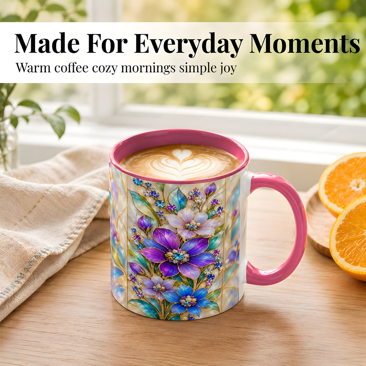 #pl[11oz|Pink] Purple Floral Coffee Mug, Jeweled Blossom Mug, Ceramic Cup