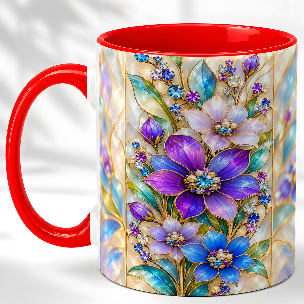 Purple Floral Coffee Mug, Jeweled Blossom Mug, Ceramic Cup