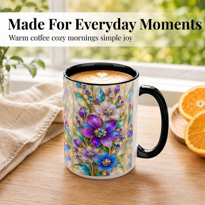 #pl[15oz|Black] Purple Floral Coffee Mug, Jeweled Blossom Mug, Ceramic Cup