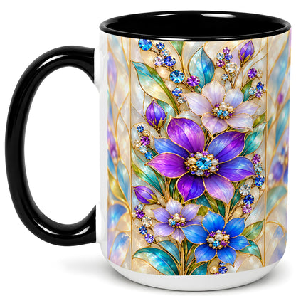 #pl[15oz|Black] Purple Floral Coffee Mug, Jeweled Blossom Mug, Ceramic Cup