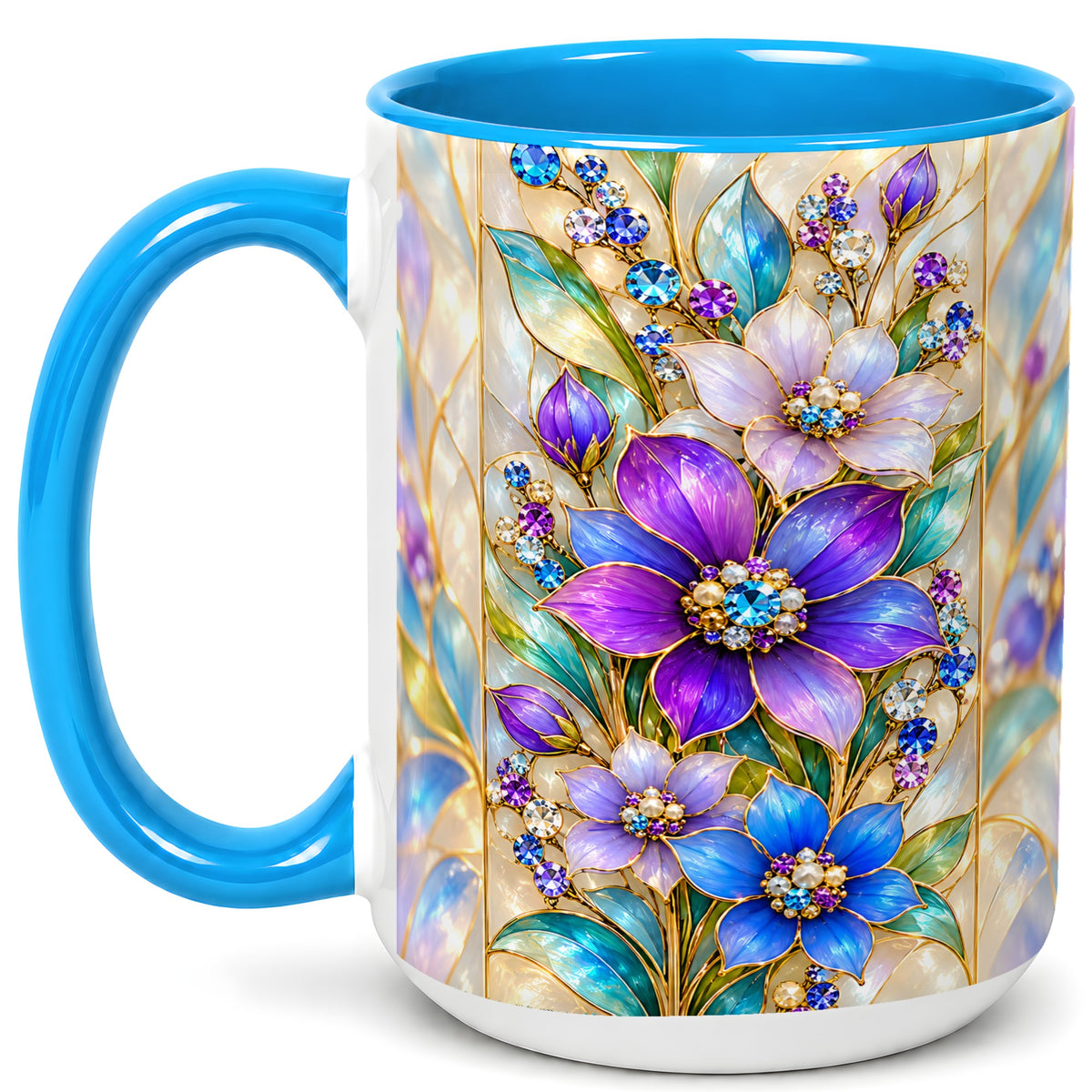 #pl[15oz|Blue] Purple Floral Coffee Mug, Jeweled Blossom Mug, Ceramic Cup