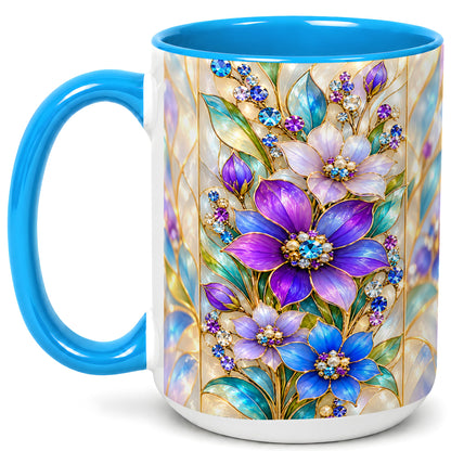 #pl[15oz|Blue] Purple Floral Coffee Mug, Jeweled Blossom Mug, Ceramic Cup