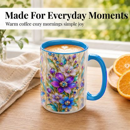 #pl[15oz|Blue] Purple Floral Coffee Mug, Jeweled Blossom Mug, Ceramic Cup