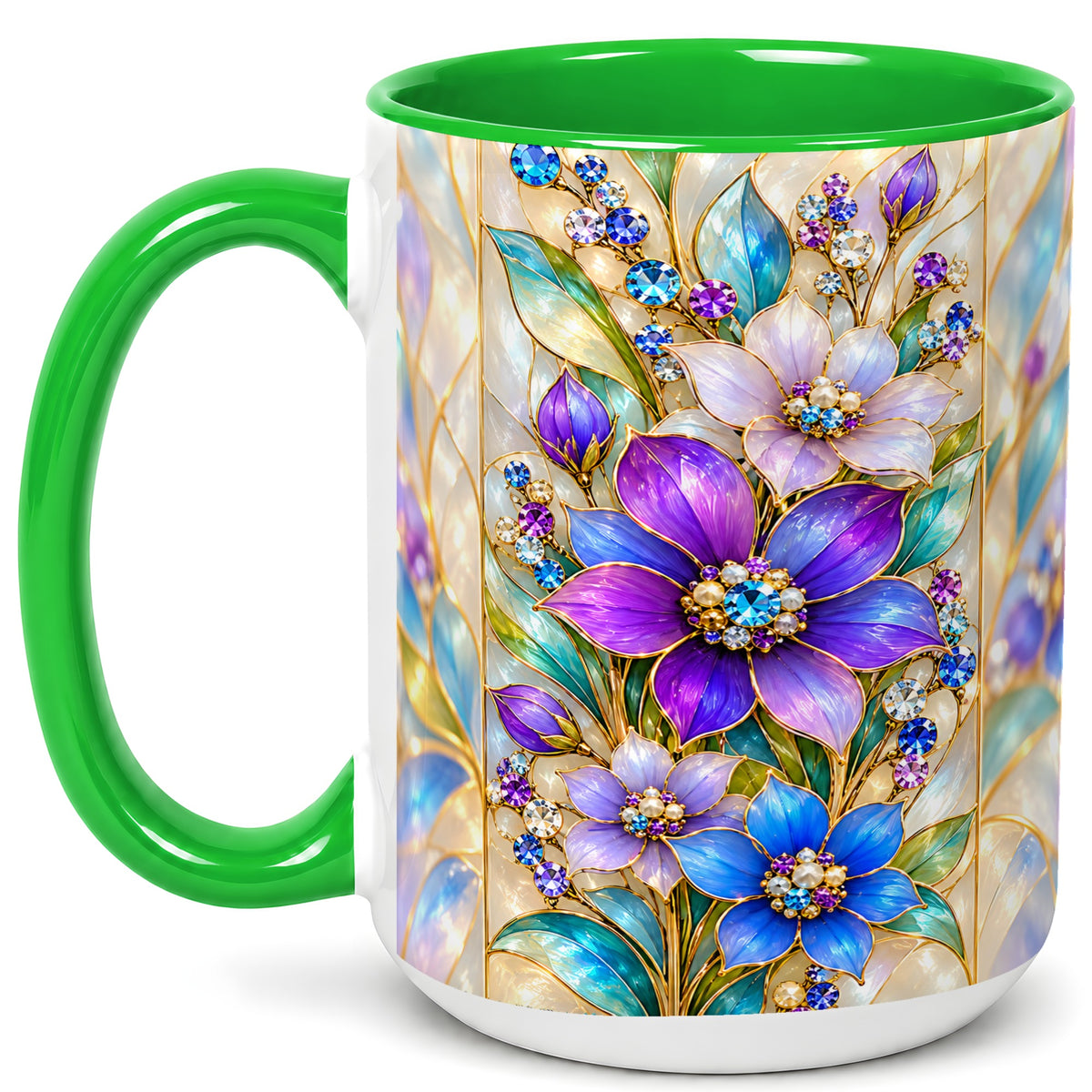 #pl[15oz|Green] Purple Floral Coffee Mug, Jeweled Blossom Mug, Ceramic Cup