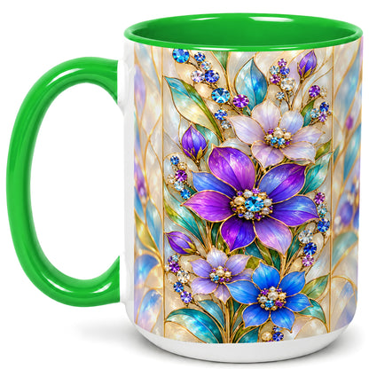 #pl[15oz|Green] Purple Floral Coffee Mug, Jeweled Blossom Mug, Ceramic Cup