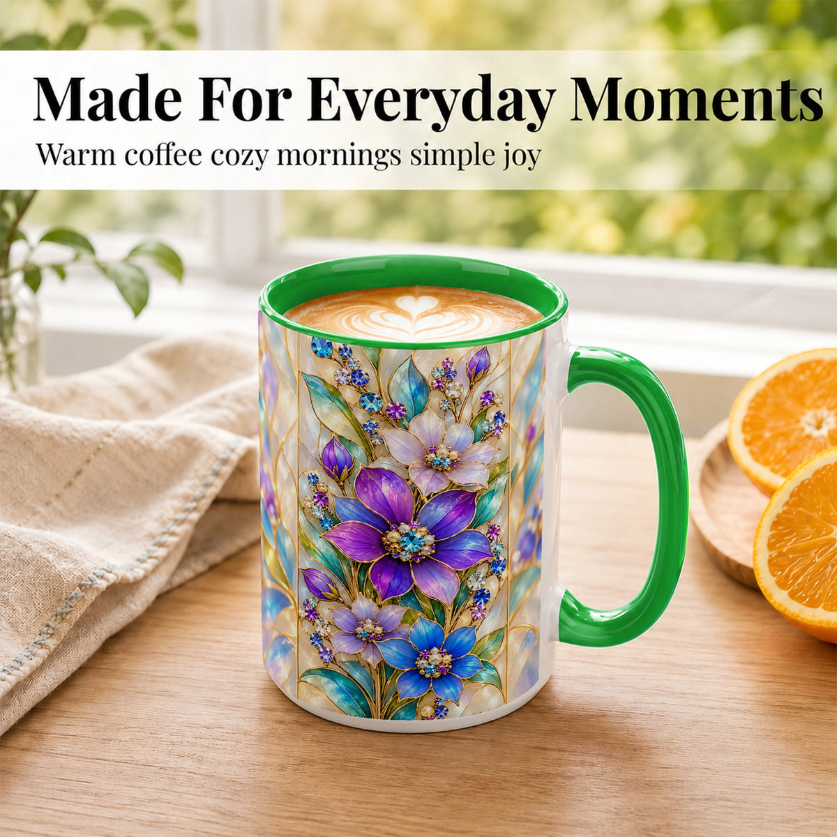 #pl[15oz|Green] Purple Floral Coffee Mug, Jeweled Blossom Mug, Ceramic Cup