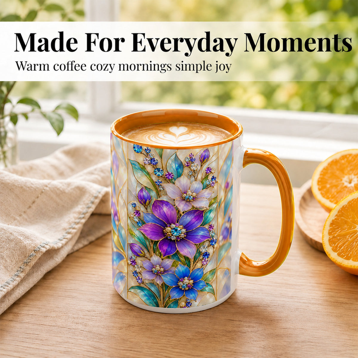 #pl[15oz|Orange] Purple Floral Coffee Mug, Jeweled Blossom Mug, Ceramic Cup